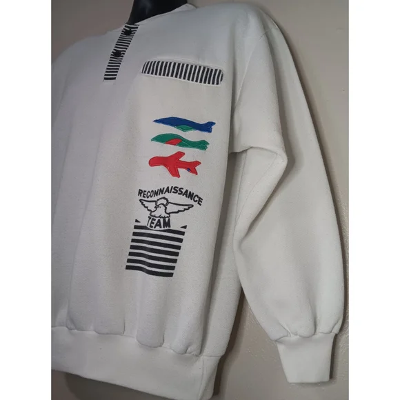 Vintage 80s Reconnaissance Team Adult Large Sweatshirt 1/2 Button White Long Sle - Picture 5 of 8